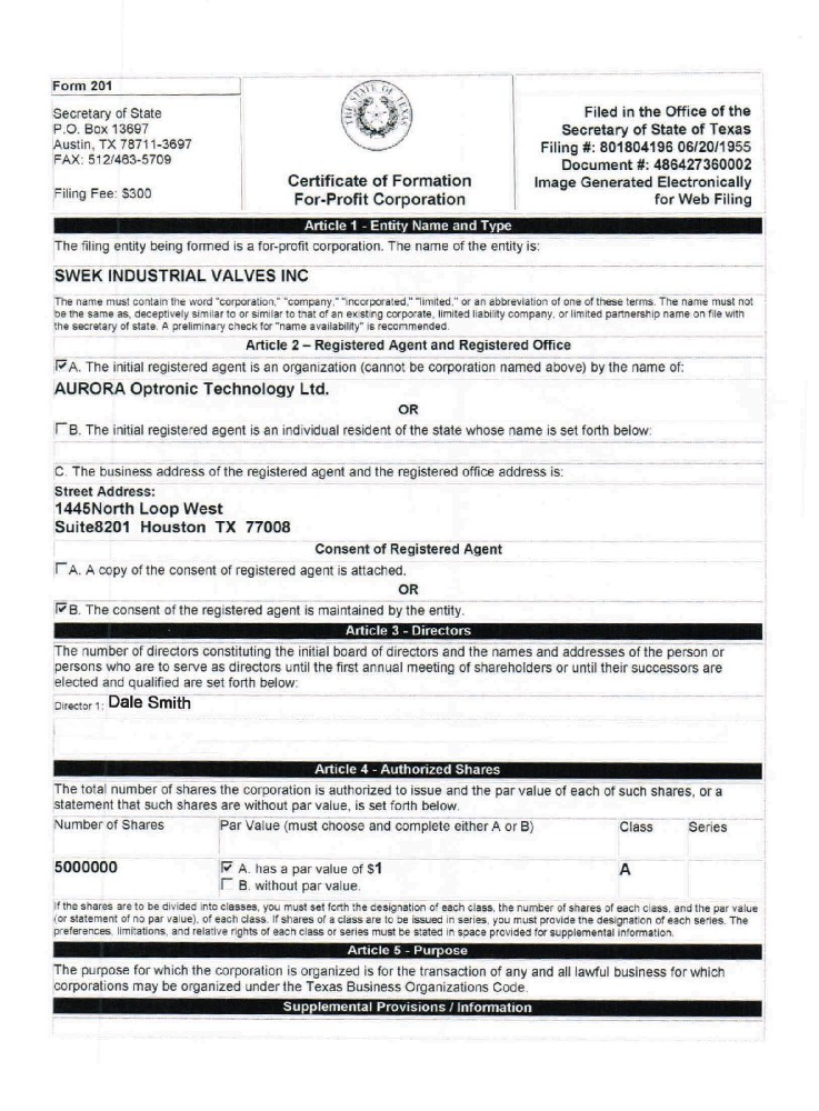 美國SWEK公司營業(yè)執(zhí)照